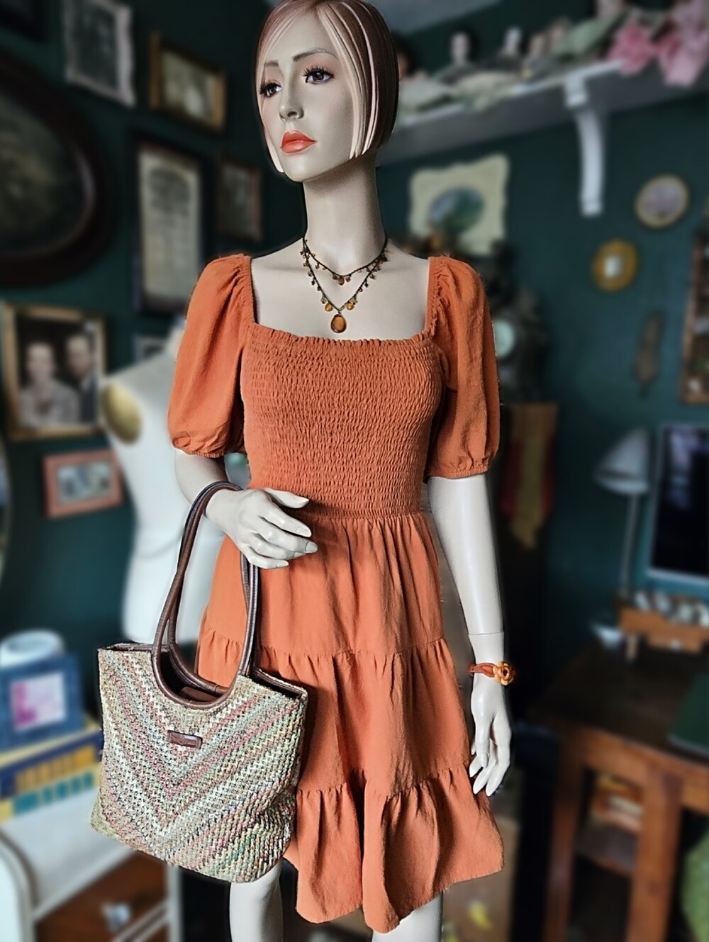 Newbury Kustom Terracotta smocked puff sleeve tiered boho dress size L